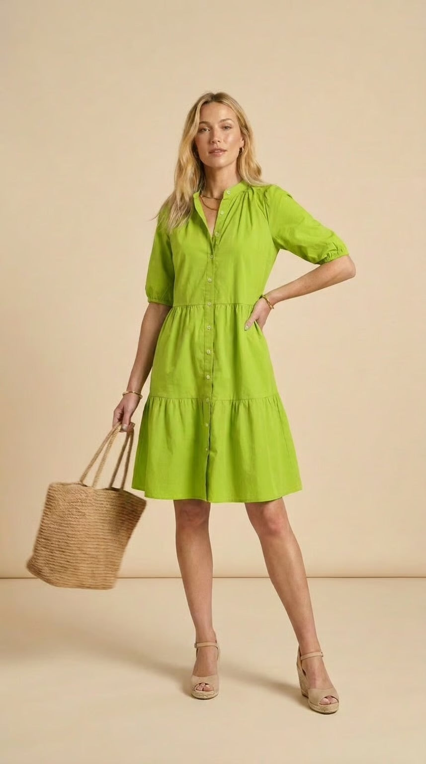 Julie - Lime: Tiered Button-up Dress in Poplin