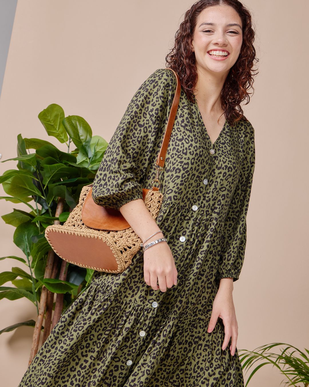 Isla - Fiesty Green leopard: 3/4 sleeve V-neck button up dress