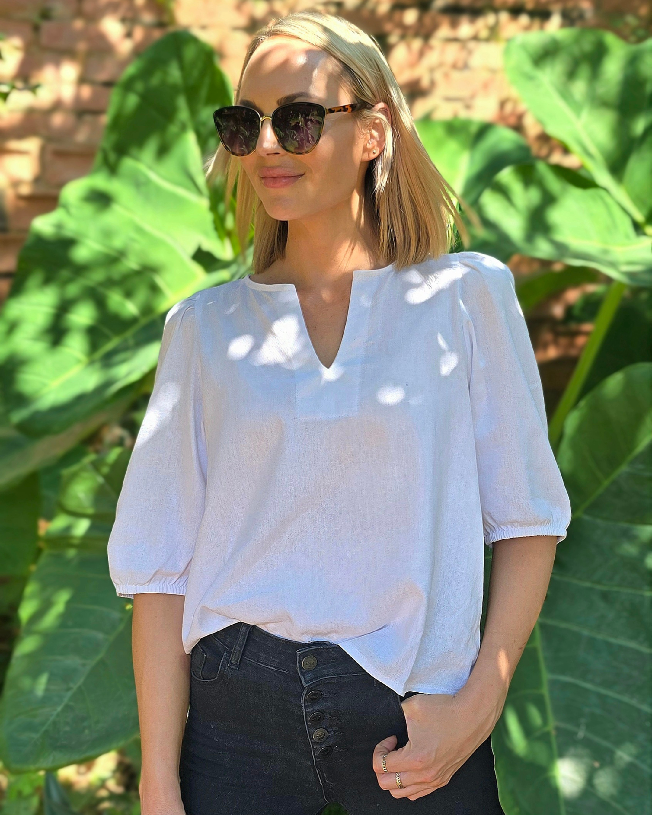 Luca - White: Classic V-neck blouse with elasticated sleeves