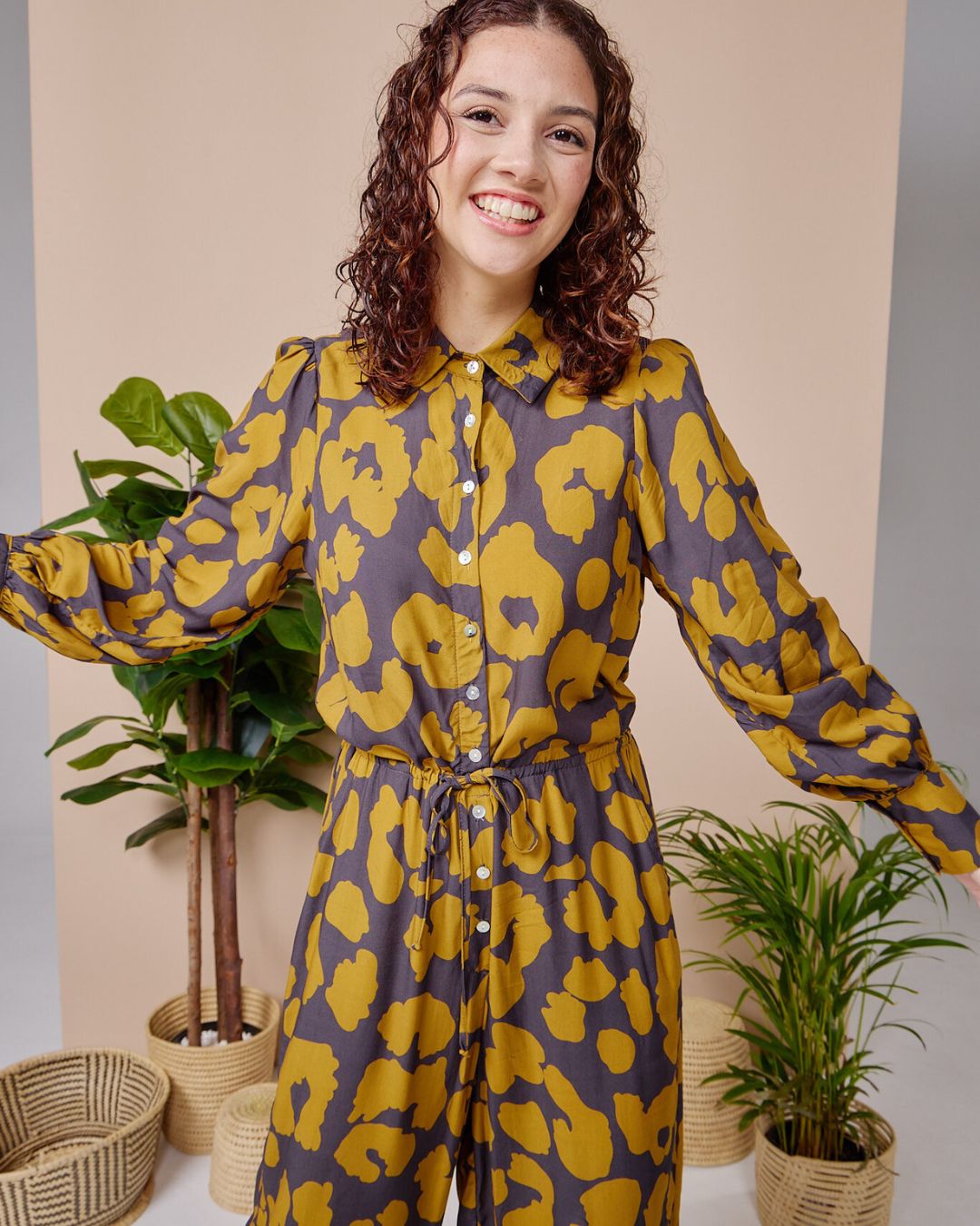 Luna - Gold Leopard: Collared wide leg Jumpsuit with Long sleeves