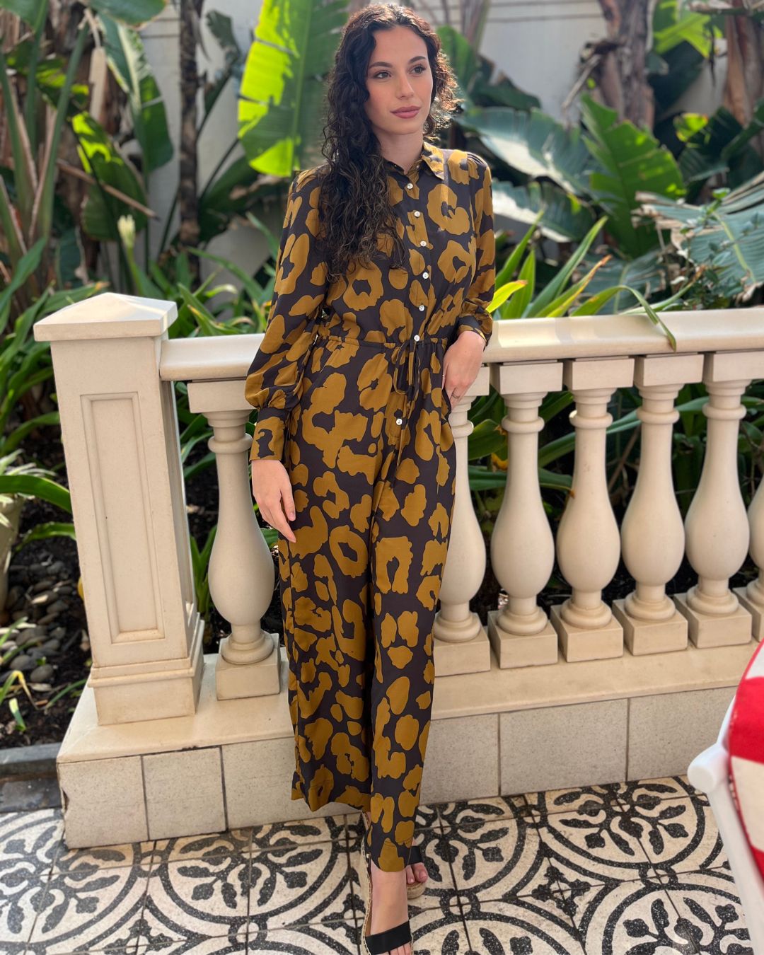 Luna - Gold Leopard: Collared wide leg Jumpsuit with Long sleeves