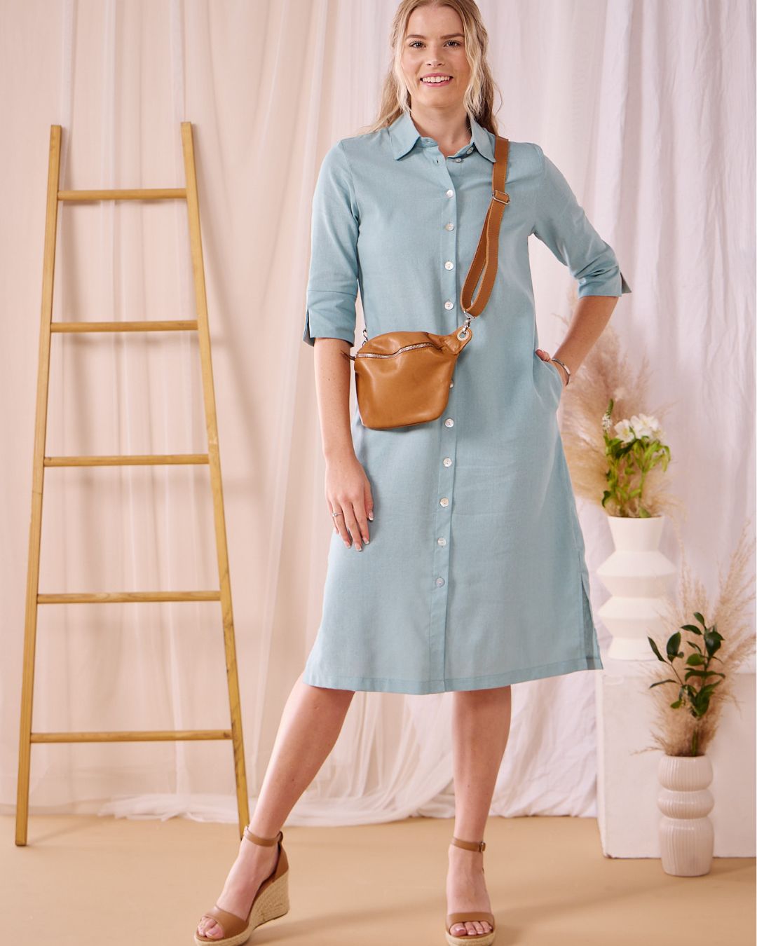 Sarah - Dream blue:  Classic midi shirt dress