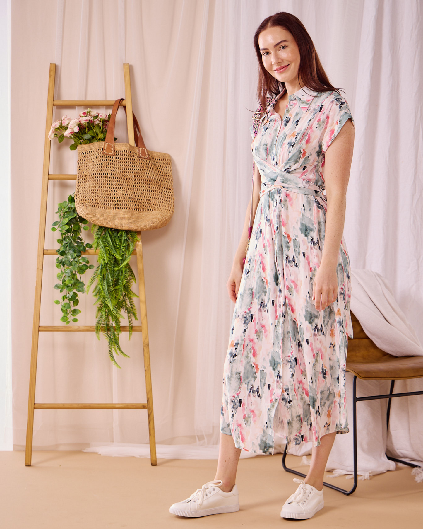 Clarence maxi - Abstract Radiance: Front Tie Shirt dress