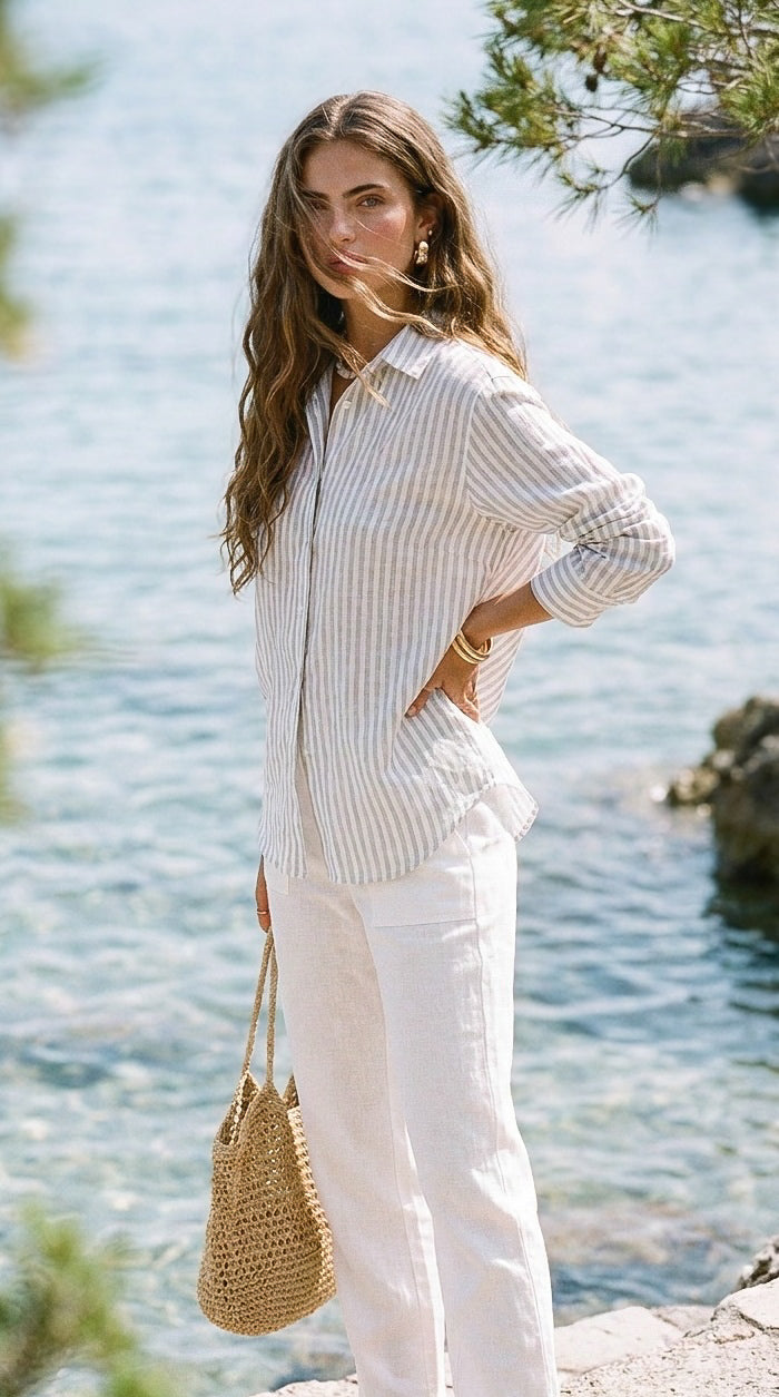 Ellie - Dusty Blue stripe: Classic Collared Shirt with a Cuff