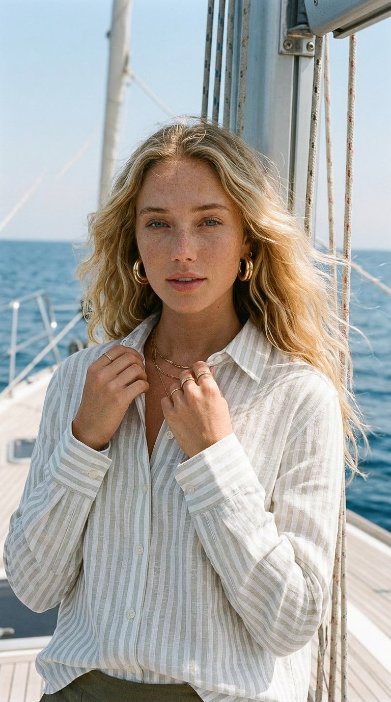 Ellie - Sage stripe: Classic Collared Shirt with a Cuff