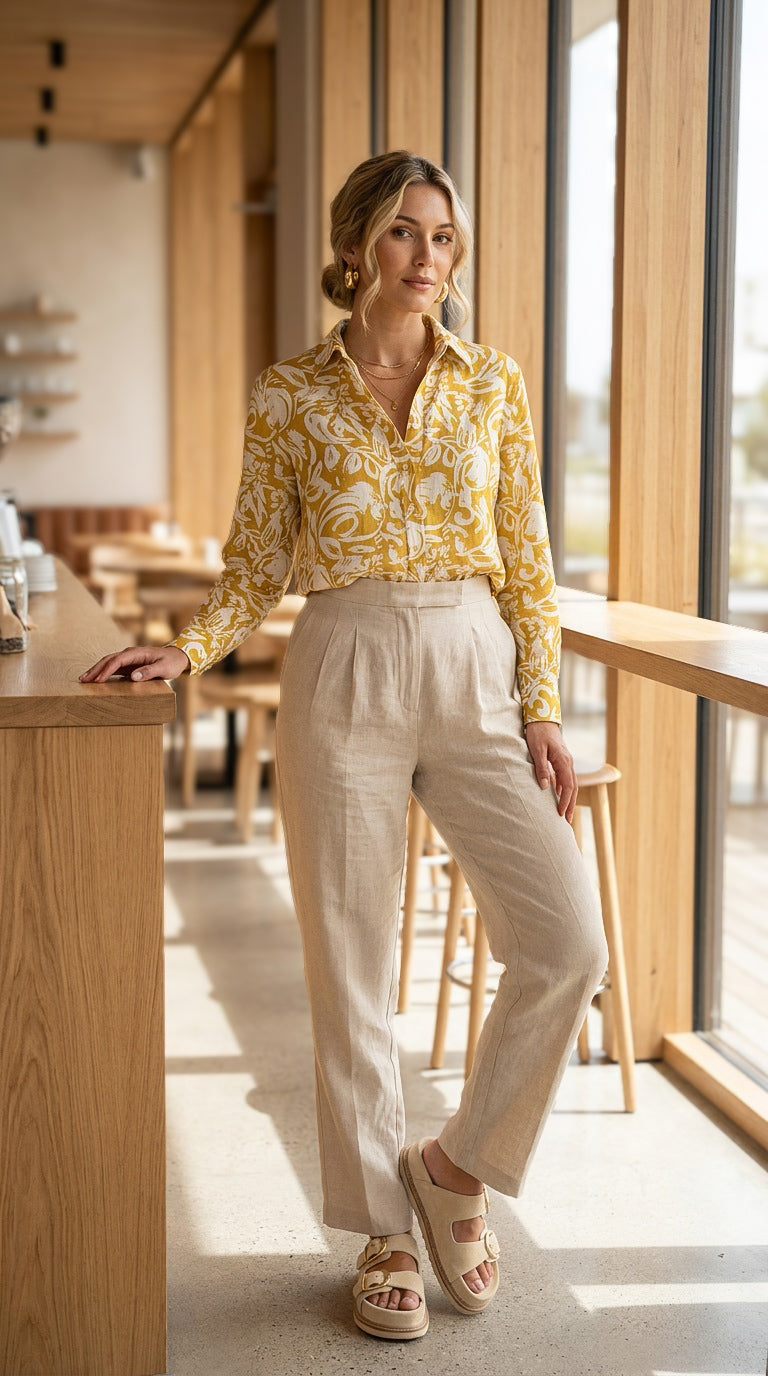 Ellie - Golden Meadow: Classic Collared Shirt with a Cuff
