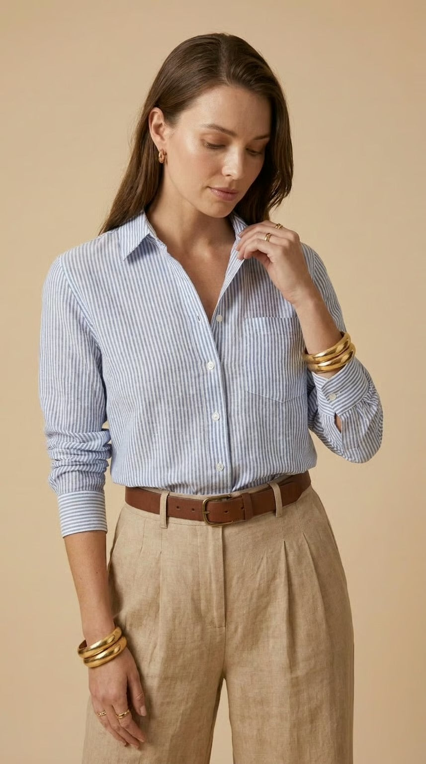 Ellie - Blue stripe: Classic Collared Shirt with a Cuff