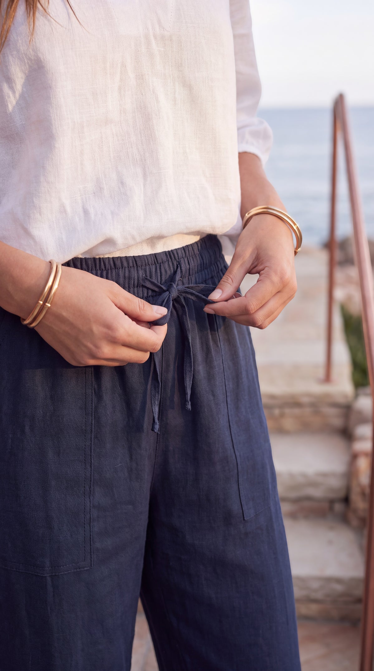 Mylo - French Navy Premium 100% linen: Wide leg pants
