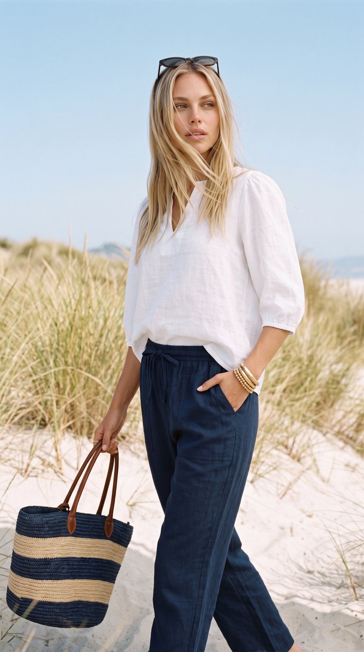 Mylo - French Navy Premium 100% linen: Wide leg pants