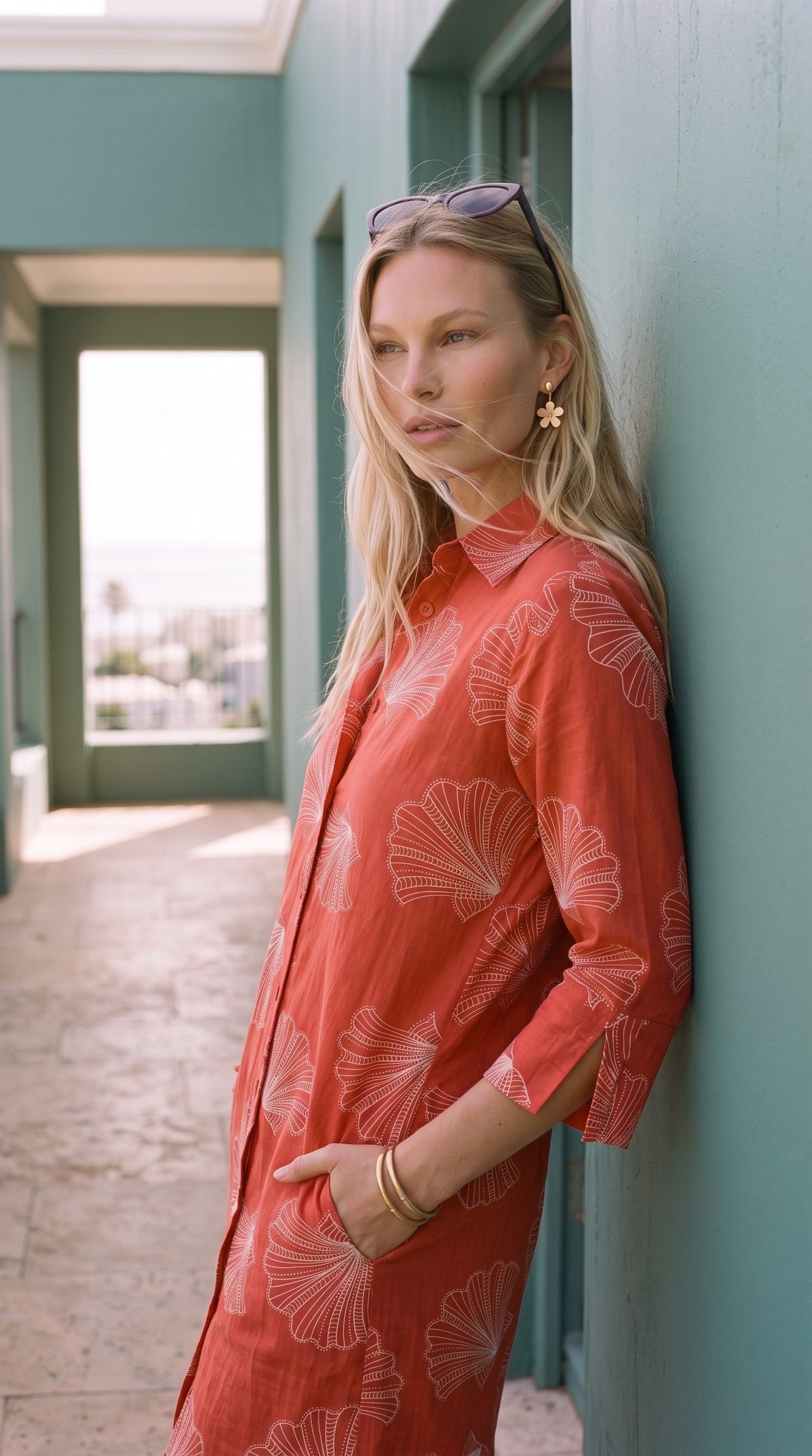 Sarah - Coral Tides: Classic midi shirt dress