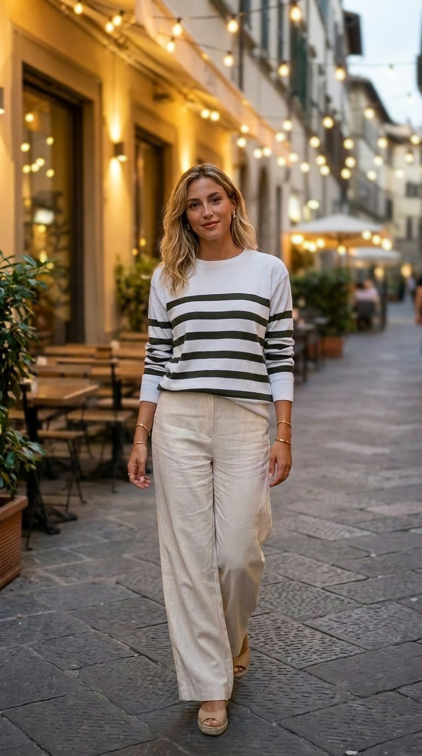 Izzy - Olive stripe: Cotton knitwear