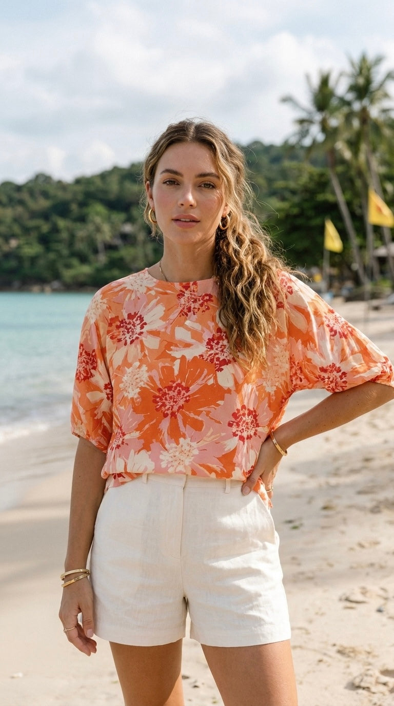 Veda - Floral Whisper: 3/4 sleeve blouse with tie detail