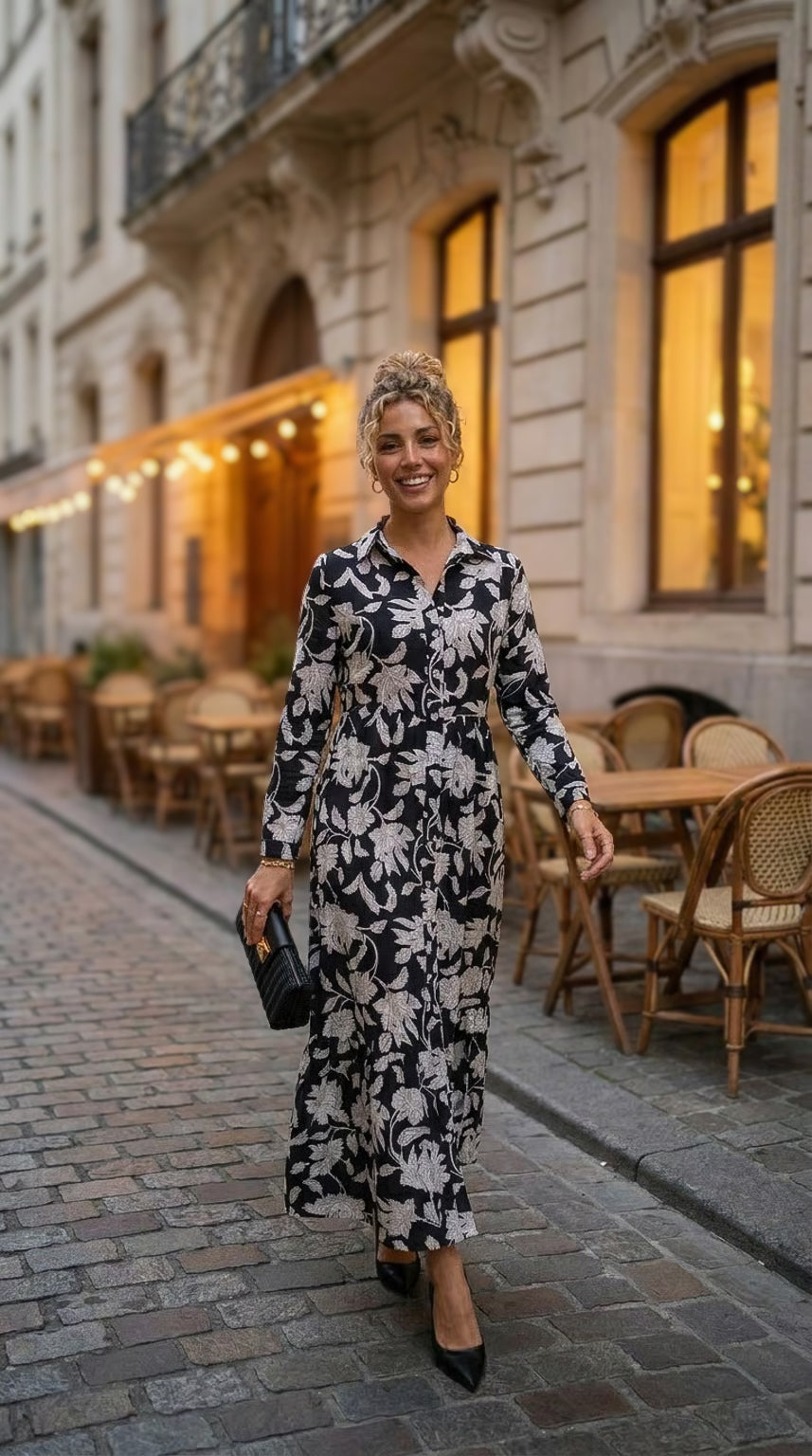 Maddison Maxi - Amber Paislies: Button-up Collared Tiered Maxi dress