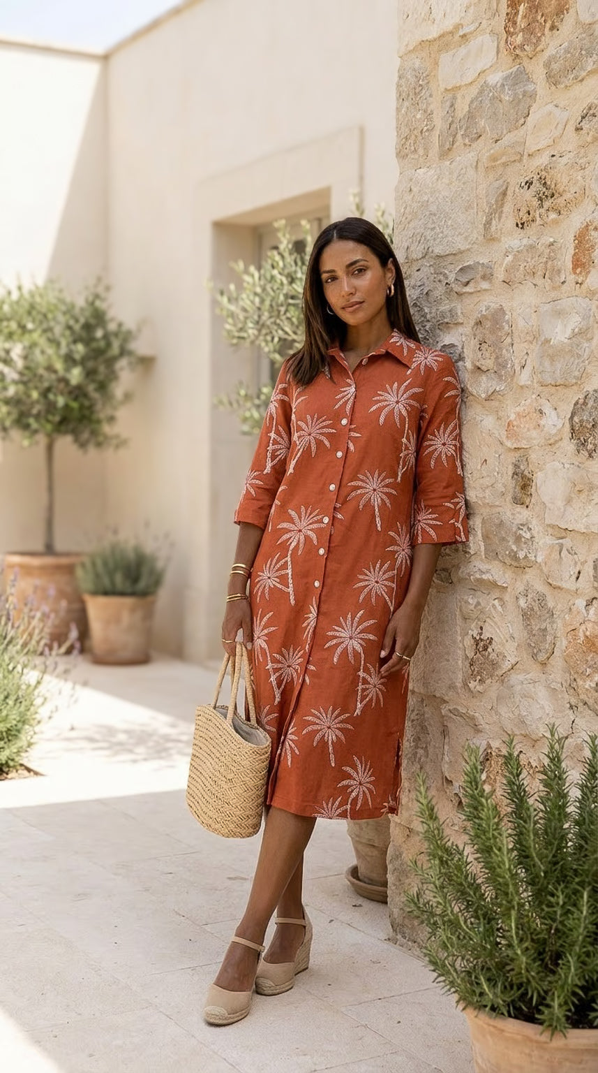 Sarah - Sunset Palms: Classic midi shirt dress