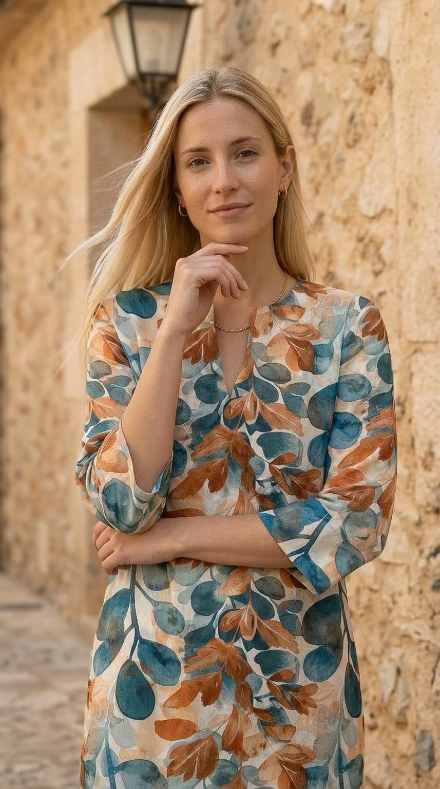 Kerry - Waterglow: Classic midi shift dress with 3/4 sleeves