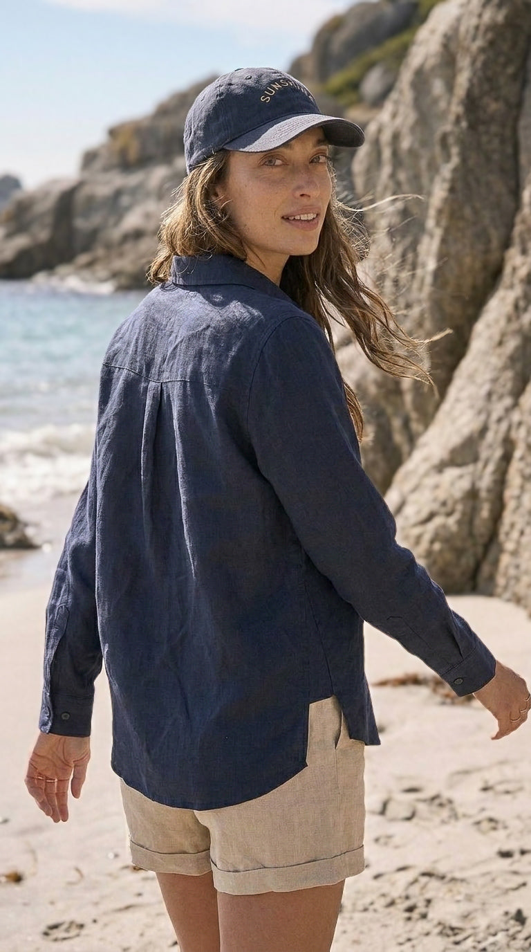 Amelia - Navy premium 100% linen: Collared shirt