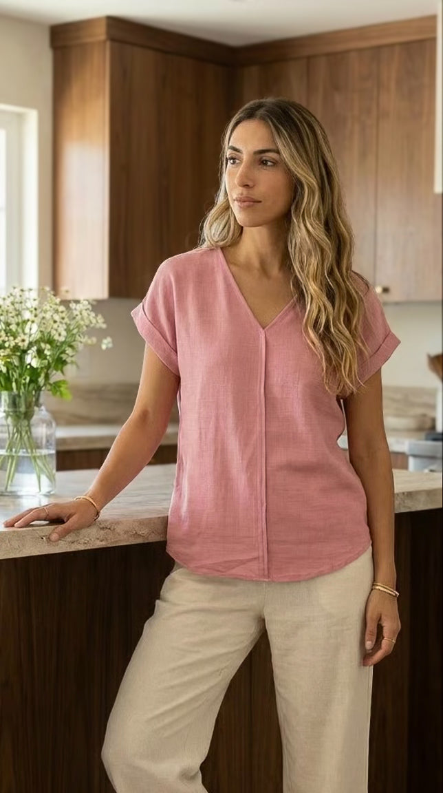 Faye - Powder Rose: V-neck top with binding detail