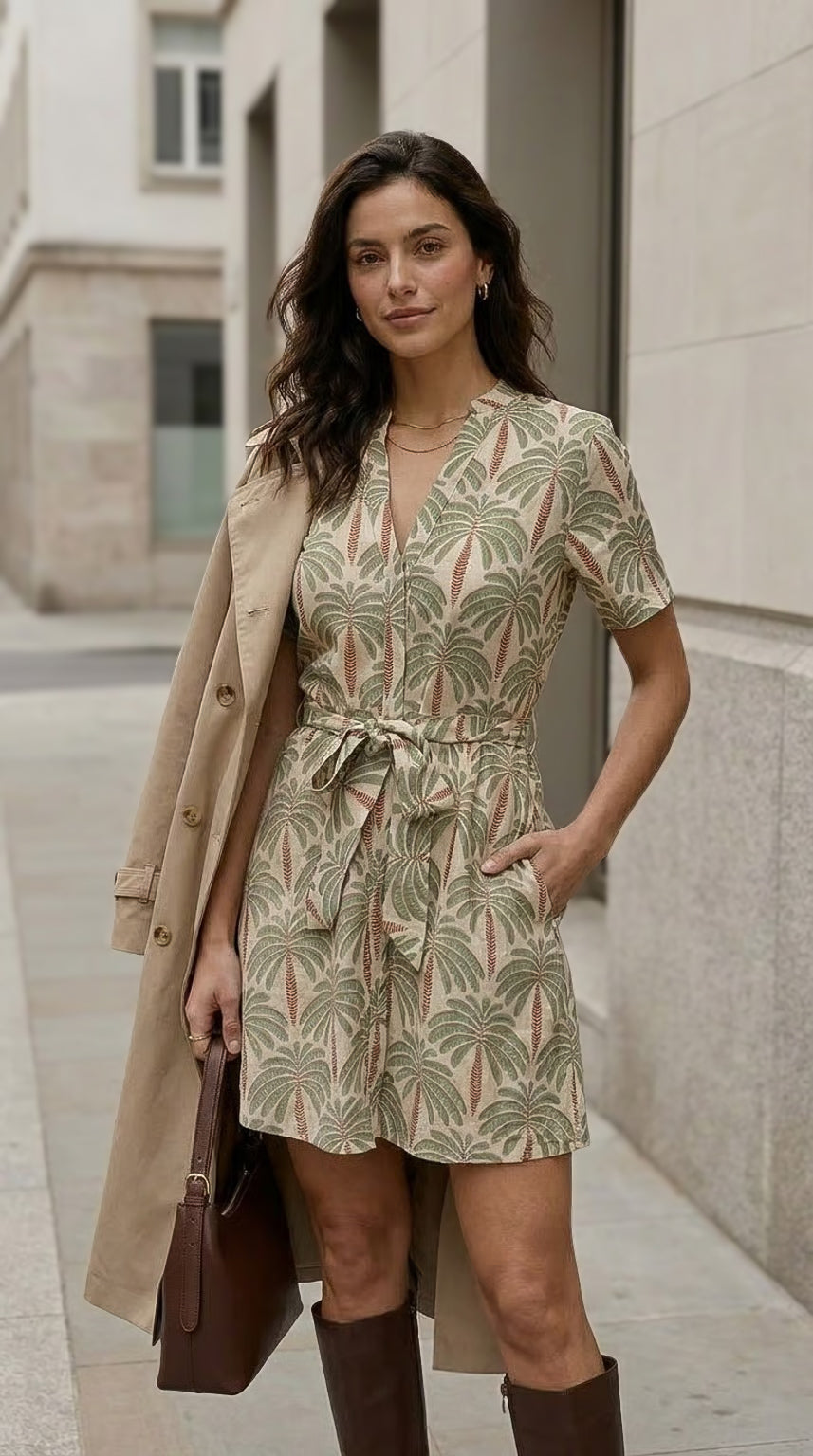 Hazel - Palm Love: Short linen dress