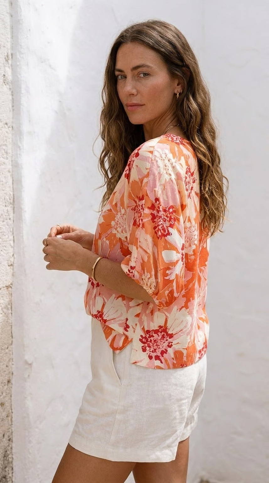 Veda - Floral Whisper: 3/4 sleeve blouse with tie detail