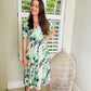 Jane - Faded Waterlily:  V-Neck Straight Button-up Midi Dress with slimmer waistline