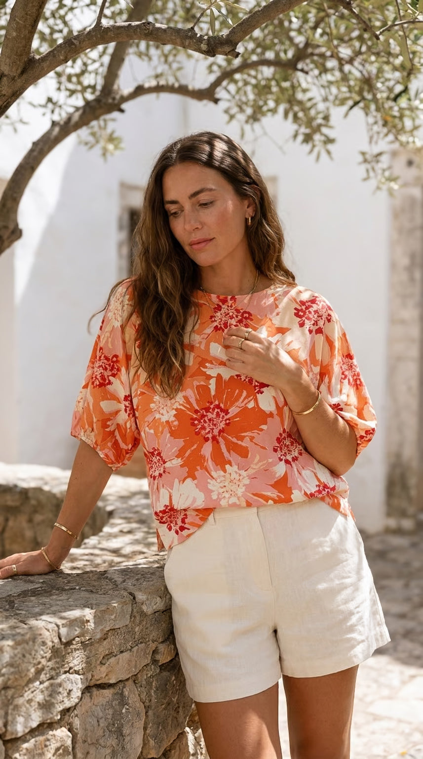 Veda - Floral Whisper: 3/4 sleeve blouse with tie detail