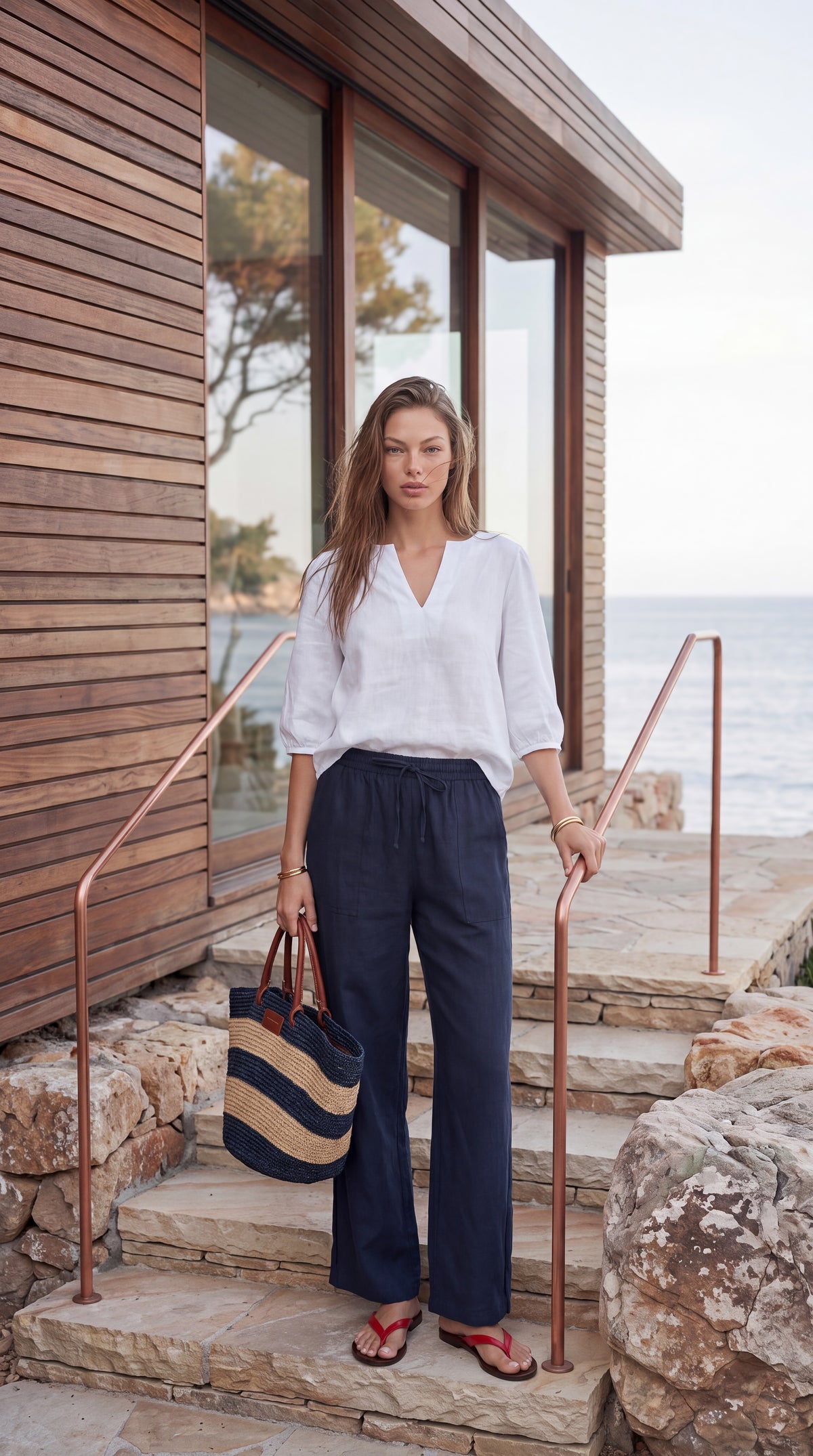 Mylo - French Navy Premium 100% linen: Wide leg pants