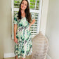 Jane - Faded Waterlily:  V-Neck Straight Button-up Midi Dress with slimmer waistline
