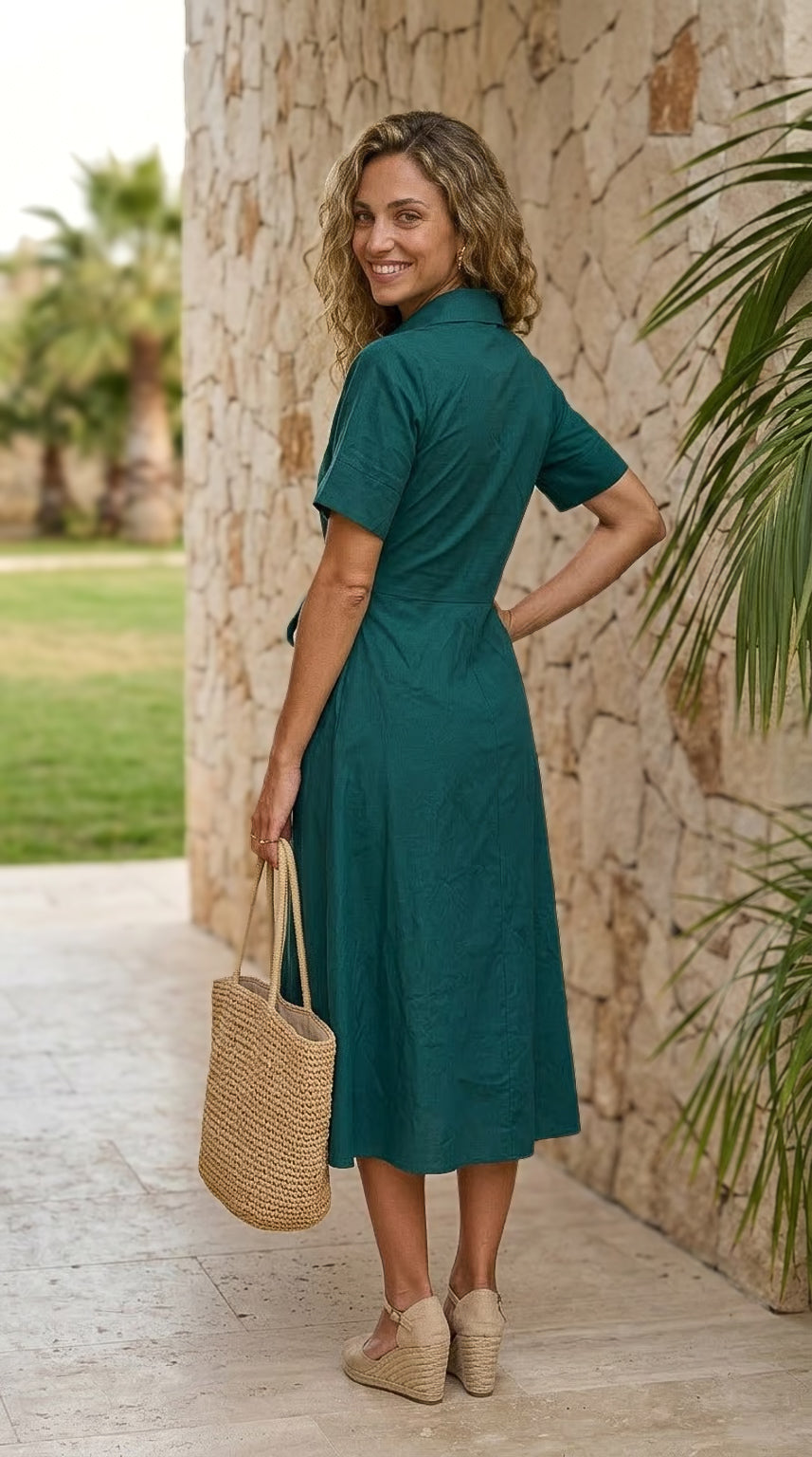 Rosey - Sea Pine Poplin : Collared A-line dress