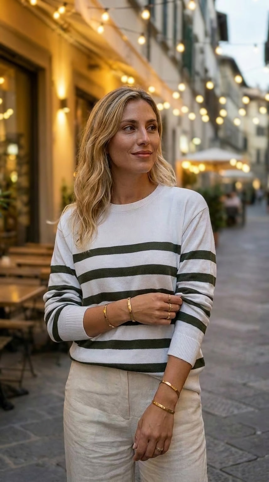 Izzy - Olive stripe: Cotton knitwear