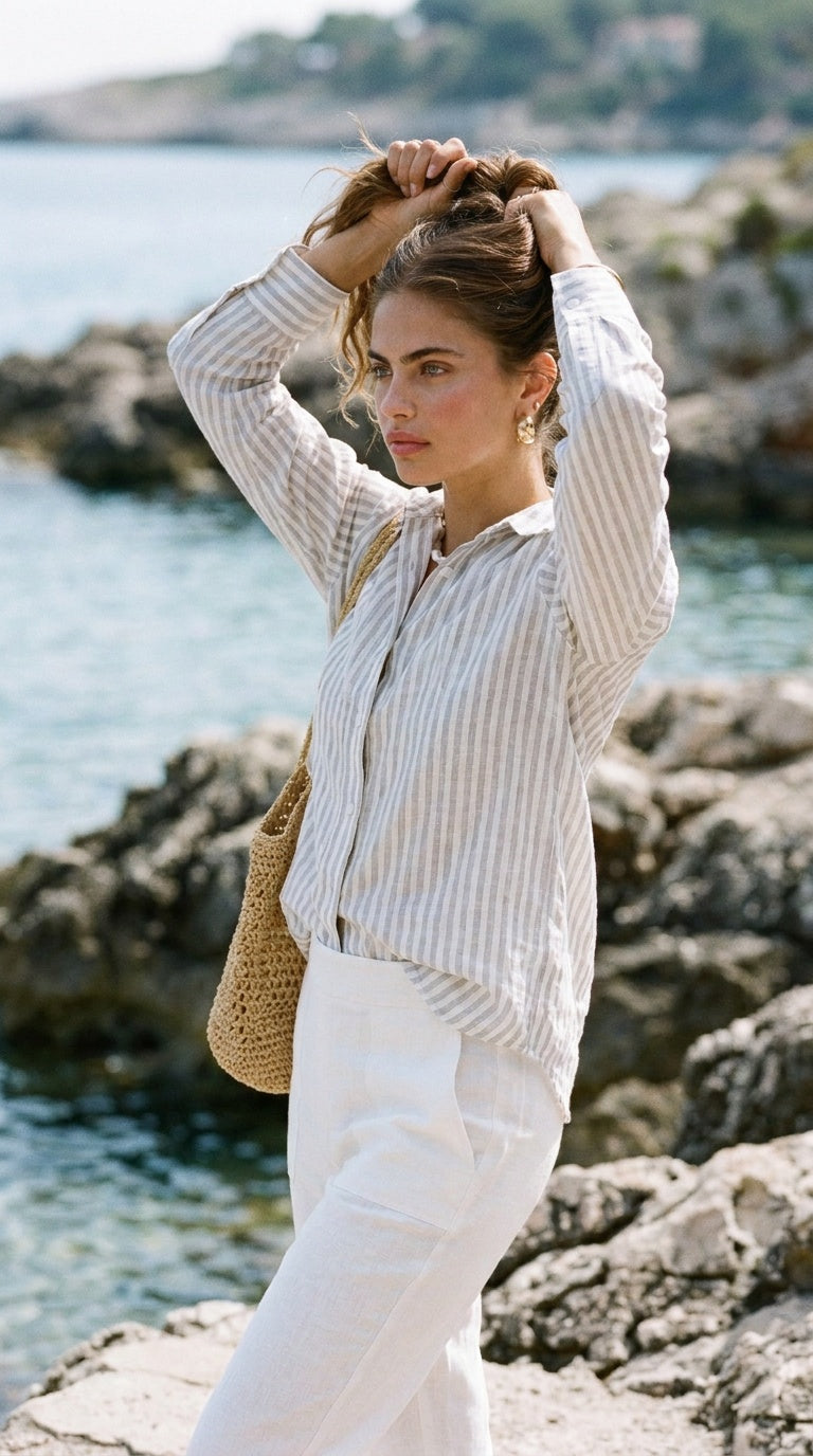 Ellie - Dusty Blue stripe: Classic Collared Shirt with a Cuff