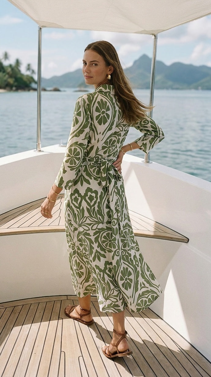 Jolie - Luna Petal Green: Built-in tie belt dress