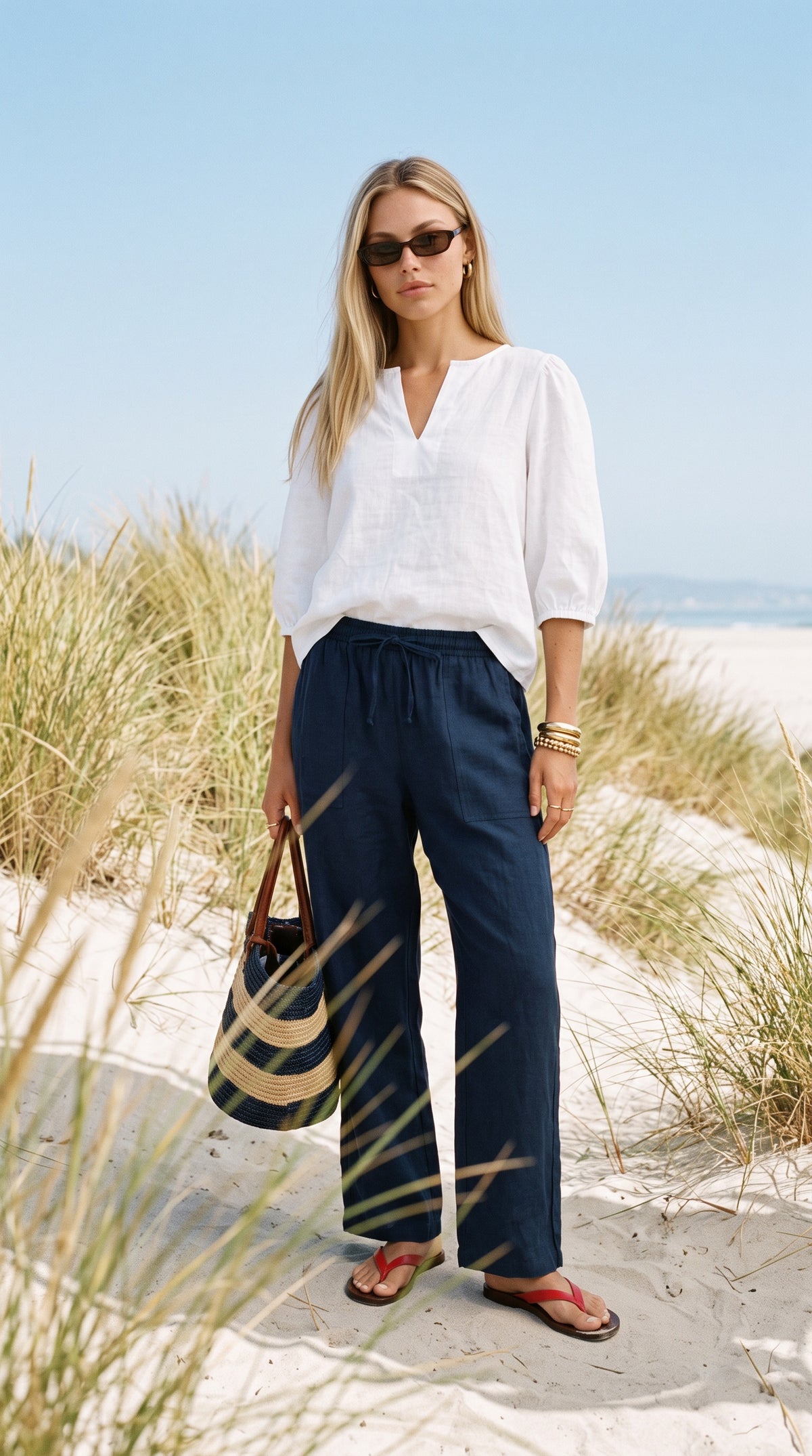 Mylo - French Navy Premium 100% linen: Wide leg pants