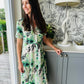 Jane - Faded Waterlily:  V-Neck Straight Button-up Midi Dress with slimmer waistline
