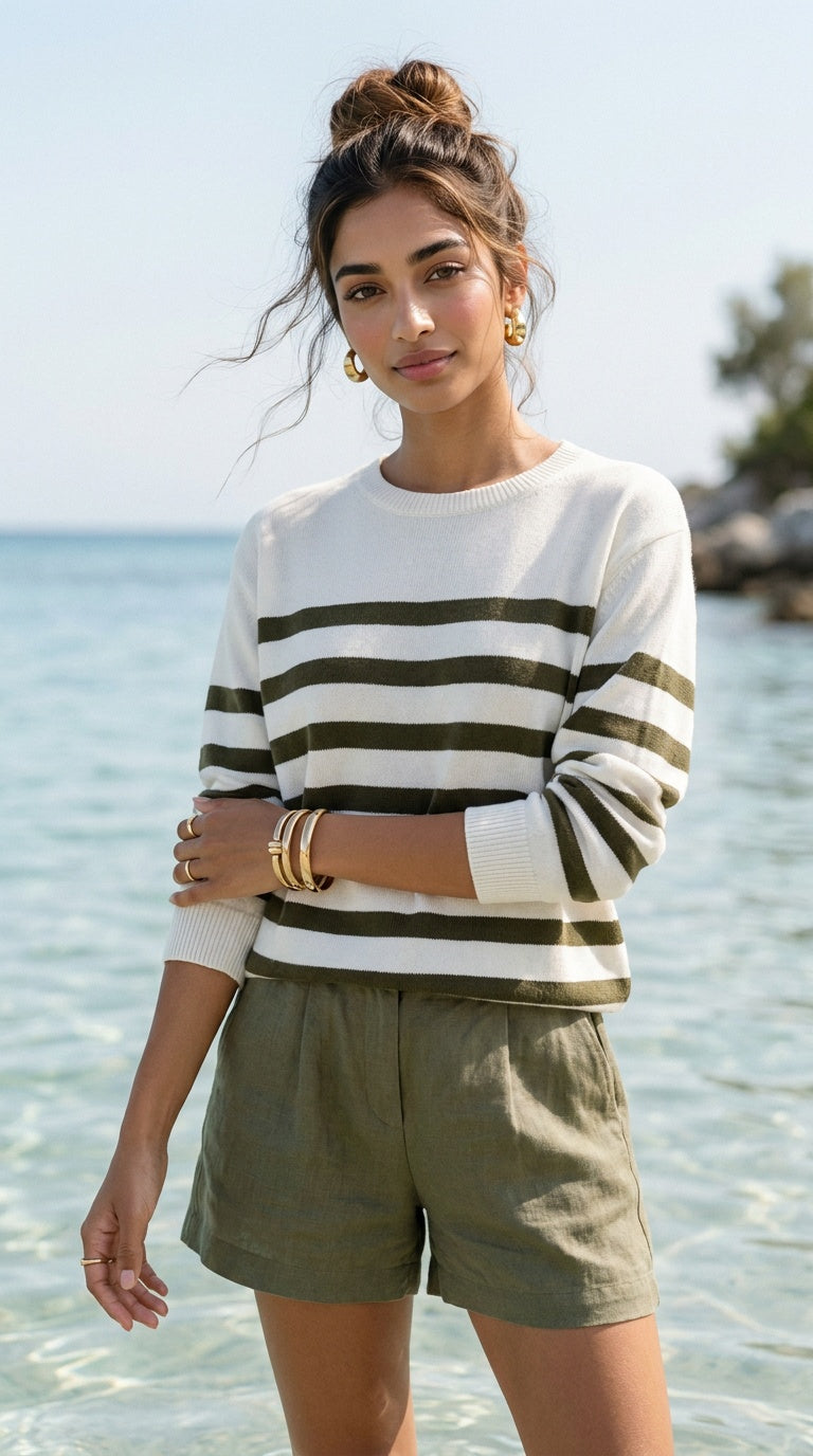 Izzy - Olive stripe: Cotton knitwear