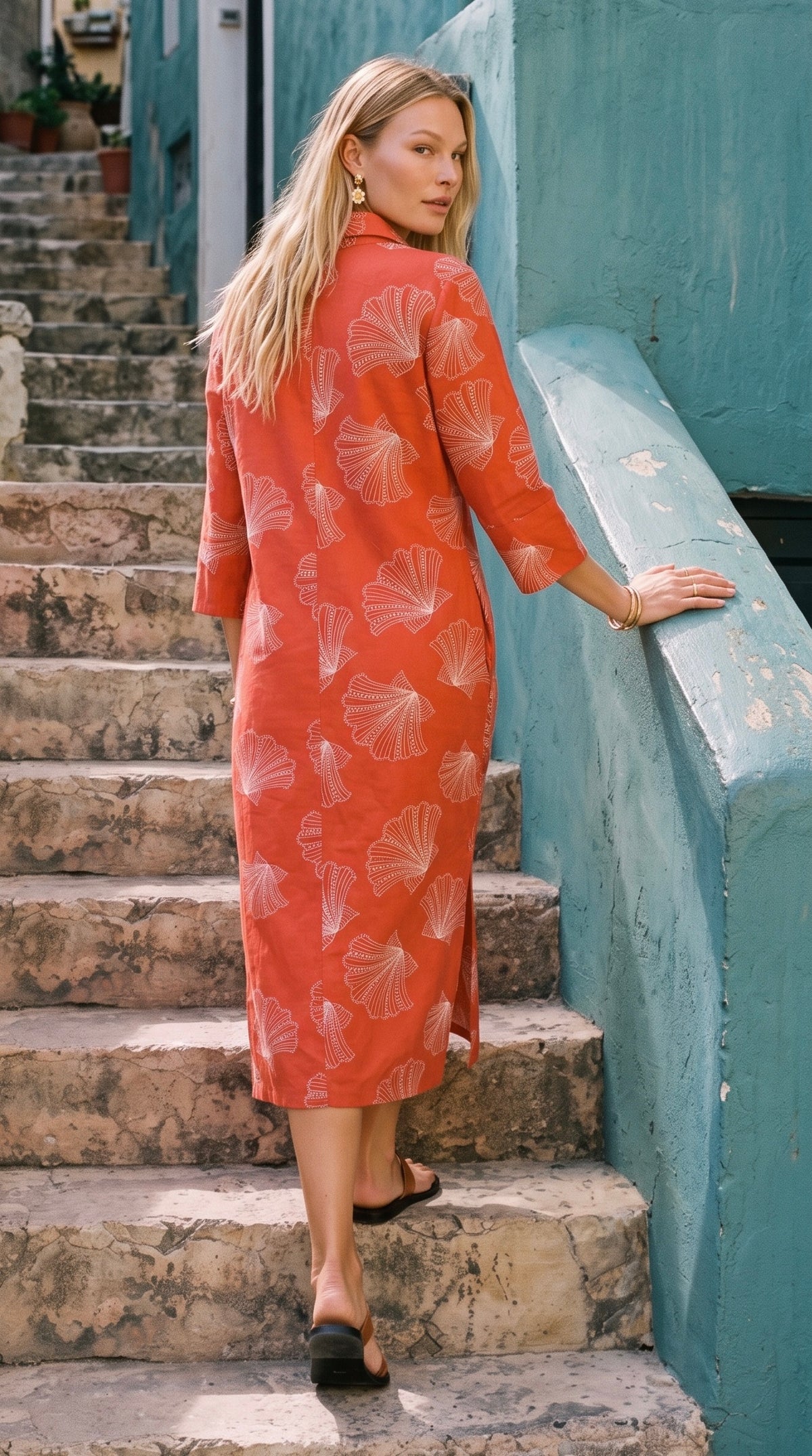 Sarah - Coral Tides: Classic midi shirt dress