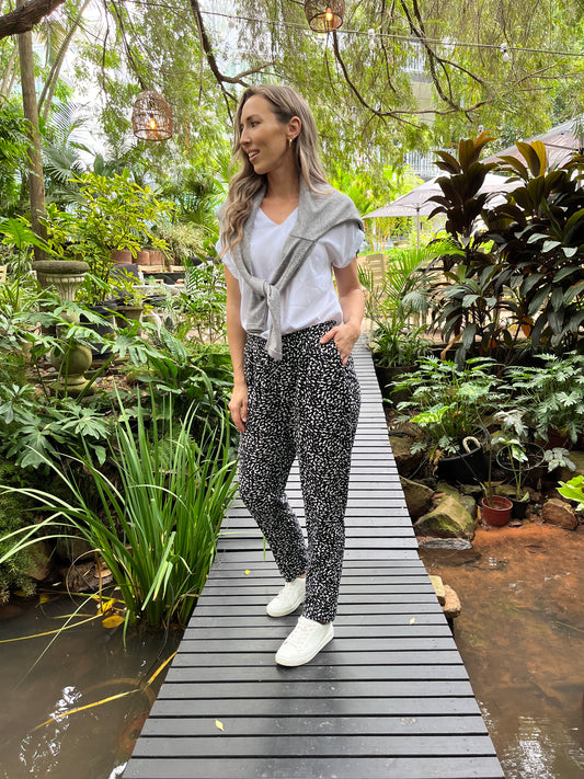 Gia - Black Abstract Spot: Classic Pants with Elasticated waistband and straight leg