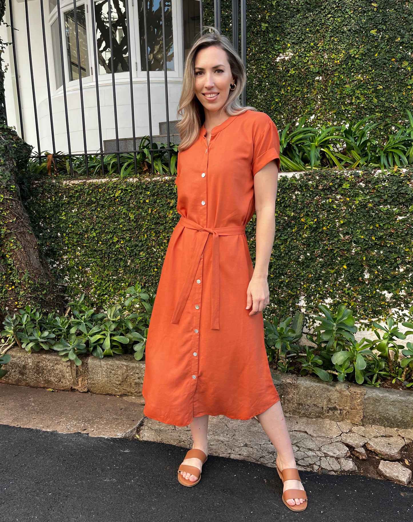 Iris - Linen Rust:  Classic Button Up Maxi Shirt Dress