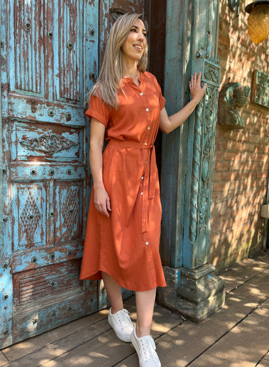 Iris - Linen Rust:  Classic Button Up Maxi Shirt Dress