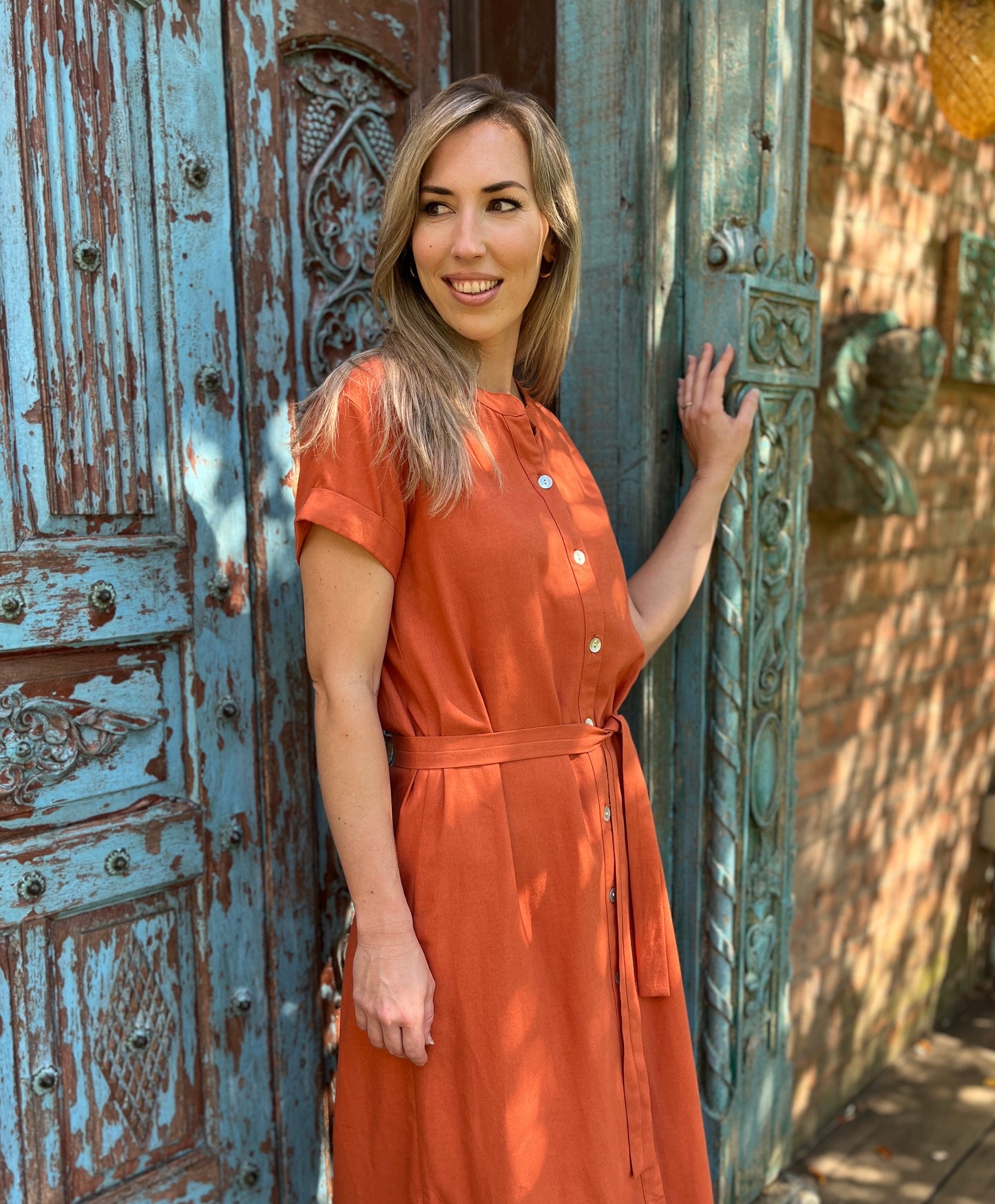 Iris - Linen Rust:  Classic Button Up Maxi Shirt Dress