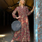 Winter Rose - Country Charm:  V-neck mandarin collar tiered dress with elasticated long sleeve
