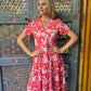 Jane - Pretty Lovely Red:  V-Neck Straight Button-up Midi Dress with slimmer waistline