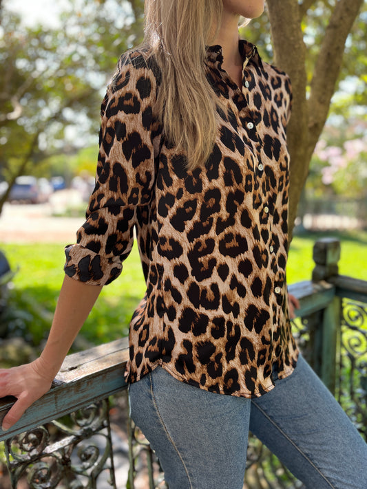Ellie - Leopard Satin:  Classic collared shirt with cuff