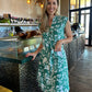 Kyla - Green Floral: Cap Sleeve Classic Midi Dress with belt