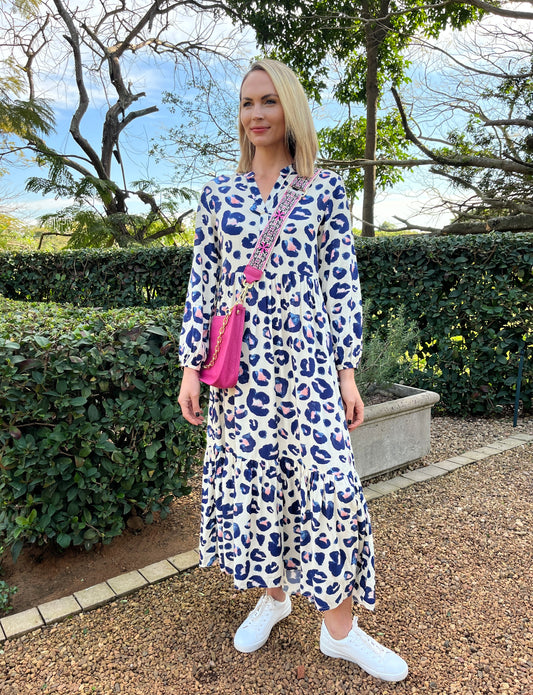 Winter Rose - Oversize Leopard:  V-neck mandarin collar tiered dress with elasticated long sleeves