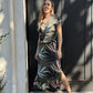Sandy - Abstract Palm: Short Sleeve V-neck Binding Maxi Dress with drawstring