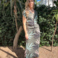 Sandy - Abstract Palm: Short Sleeve V-neck Binding Maxi Dress with drawstring