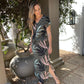 Sandy - Abstract Palm: Short Sleeve V-neck Binding Maxi Dress with drawstring