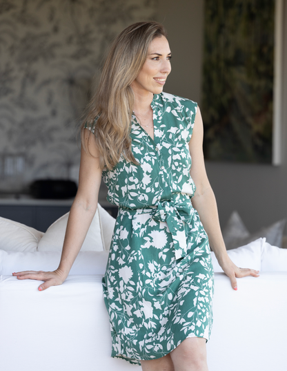 Kyla - Green Floral: Cap Sleeve Classic Midi Dress with belt