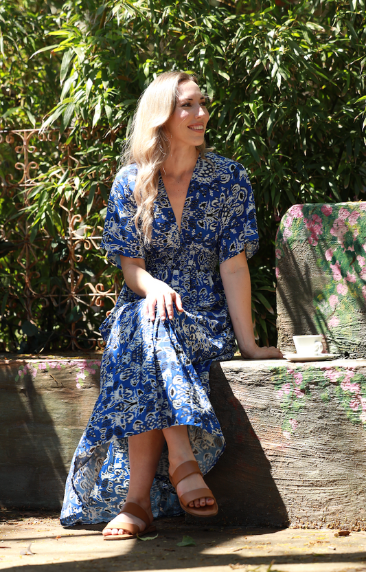 Rose - Floral Warp in Blue: V-neck Boho styled Dress