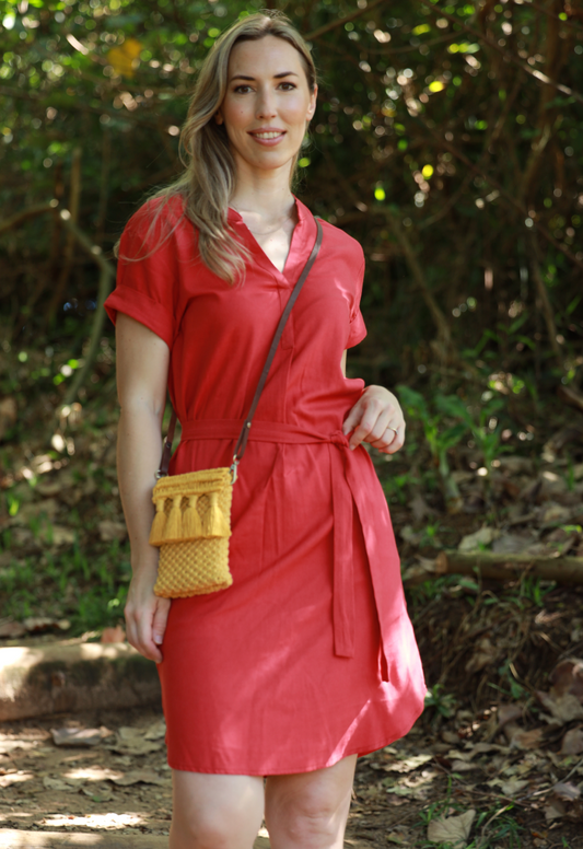 Charlie - Baked Apple: Classic Midi Shirt Linen Dress with mandarin collar